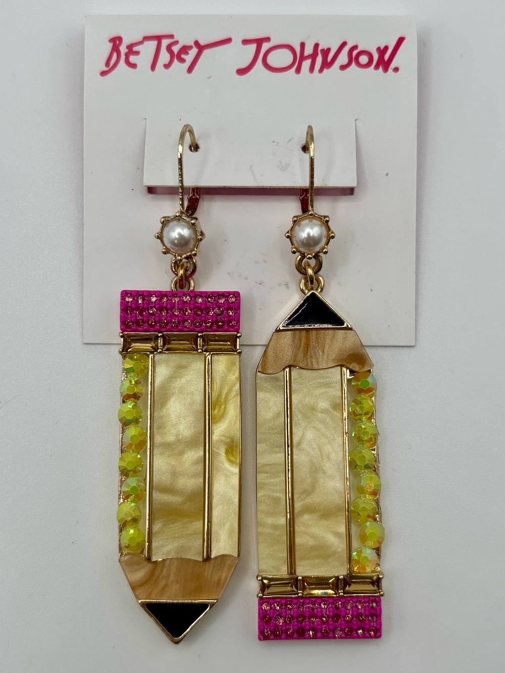 NWT Betsey Johnson Pink Yellow Sparkly Pencil Drop Earrings School Teacher Gift